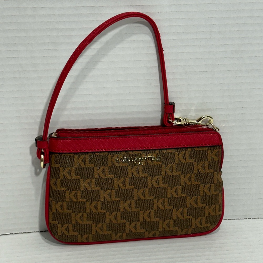 KARL LAGERFELD || SIGNATURE LOGO CRIMSON RED LEATHER CORNER ZIP Wristlet
